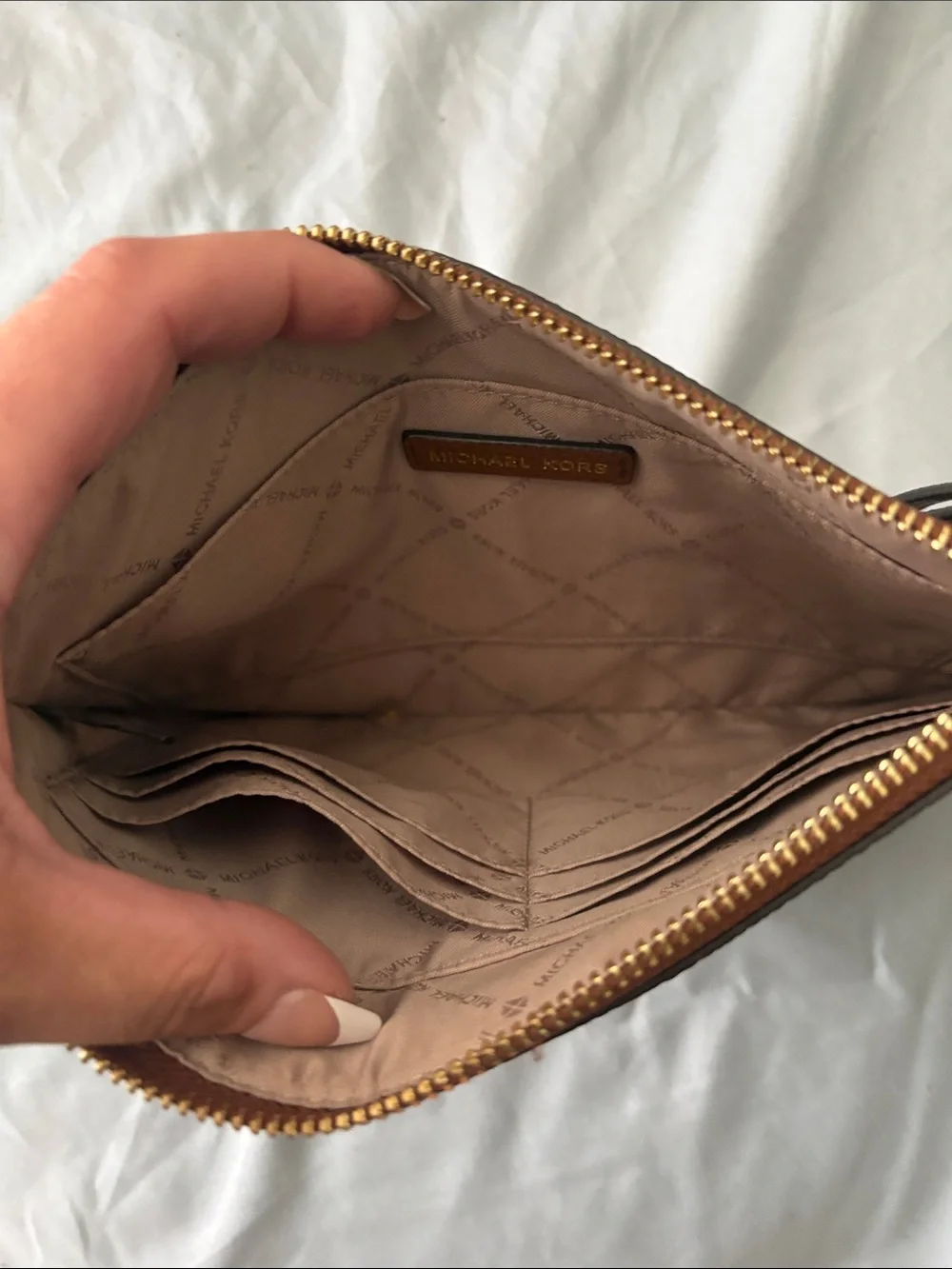 Michael Kors Cognac Brown Leather Wristlet Clutch with Gold Eyelet Accents